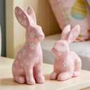 WDS WONDROUS Easter Decorations Floral Bunny Figurines Set, Pink Rabbit Decor with White Flowers, Easter & Spring Tabletop Decor, Farmhouse Home Decor Sculptures for Shelf Coffee Table Mantel