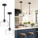 AUTELO 2 Pack Matte Black Pendant Lights, Kitchen Pendant Lights Over Island with Clear Drum Glass, Island Pendant Lights for Kitchen Dining Room Bar, H9385 BK-R-2PK