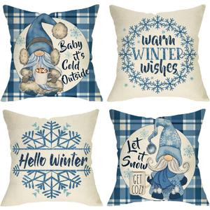 Hello Winter Warm Wishes Gnome Decorative Throw Pillow Cover Set of 4, Snowflake Hot Cocoa Baby It's Cold Outside Cushion Case Decor, Buffalo Plaid Christmas Decoration for Sofa Couch 18 x 18