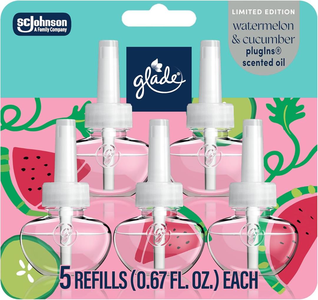 Glade PlugIns Refills Air Freshener, Watermelon & Cucumber, Scented and Essential Oils for Home and Bathroom, 0.67 Fl Oz, 5 Count