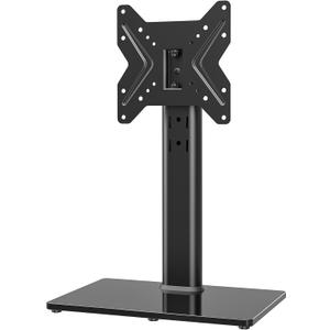 Universal Swivel TV /Table Top TV Stand for 19 to 43 inch TVs with 90 Degree Swivel, 4 Level Height Adjustable, Heavy Duty Tempered Glass Base, Holds up to 99LBS HT02B-001
