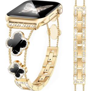 MOINSPIRE Gold Bling Diamond Clover Bands Women Compatible with Apple Watch 42mm(S3/2/1) 44/45/46/49mm Lucky Cute Sparkle Dressy Bracelet Metal Strap for iWatch Series 11/10/9/8/7/6/5/4/SE/Ultra 3/2/1