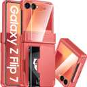 CENMASO for Samsung Galaxy Z Flip 7 Case with Card Holder [RFID Blocking] & Hinge Protection & HD Screen Protector, Rugged Anti-Scratch Full-Body Shockproof Phone Case for Z Flip 7-Coral Red