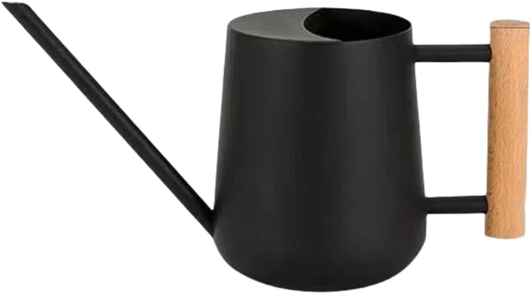 Indoor Watering Can with Long Spout, 34oz Capacity, Black Metal with Wood Handle (Black-Z1)
