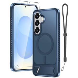 RMOCR for Samsung Galaxy S25 Plus Case with Screen Protector+Lanyard Wrist Strap,Magnetic Translucent Matte Rugged Slim Phone Cover Built in Invisible Kickstand [Fit for MagSafe],2025 Navy Blue