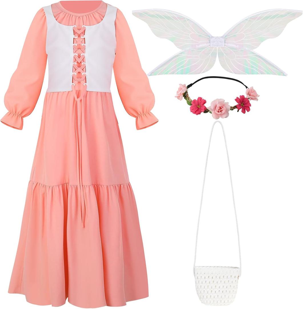 Girls Renaissance Dress Long Sleeve Medieval Princess Dress Girls Dress Up Costume Set (10 Years, Pink)