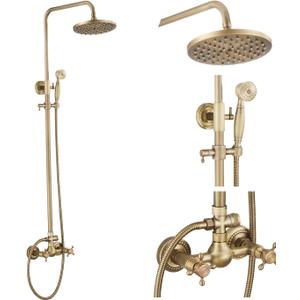 Antique Brass Rain Shower System Set 2 Knobs Mixing 8 Inch Round Rainfall Shower Head with Handheld Spray Bathroom Shower Faucet