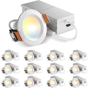 Amico 12 Pack 2 Inch 5CCT Ultra-Thin LED Canless Recessed Ceiling Light with Junction Box, 2700K/3000K/3500K/4000K/5000K Selectable, CRI90+, 6W=40W, 350LM, Dimmable Canless Wafer Downlight-ETL&FCC