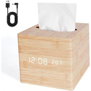 Wooden Tissue Box Cover Digital Cordless Alarm Clocks for Bedrooms, 8-Level Dimming, 5 Alarm Settings, Sound Activation, 5 Mins Snooze, 12/24H, Temperature and Date Display for Office