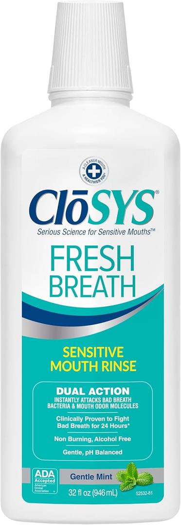 CloSYS Mouthwash, 32 Ounce, Fresh Breath Mouthwash, Gentle Mint, Alcohol Free, Dye Free, pH Balanced Mouth Wash, Helps Soothe Entire Mouth, Fights Bad Breath