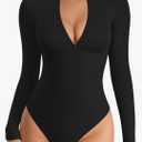 MANGOPOP Long Sleeve Body Suit Mock Turtle Neck Zip Up Bodysuit for Women Ribbed Deep V Sexy Bodysuit Shirts Size XS