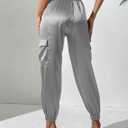 Women's Satin Cargo Joggers Pants Dressy Casual Silky Elastic High Waist Trousers (S)