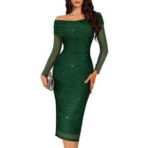 BeryLove Womens Sparkly Off Shoulder Formal Wedding Guest 2026 Cocktail Mesh Sequin Dress (Medium, Darkgreen)