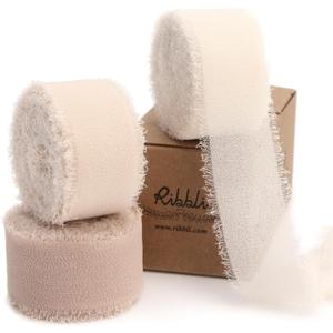 Ribbli Nude Ribbon 1 Inch x 3 Rolls Total 24 Yards Cream/Nude/Beige Handmade Fringe Chiffon Silk Ribbon for Wrapping Wedding Invitations Bridal Bouquets DIY Crafts Home Decor