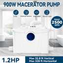1.2HP Macerator Pump with PCB Function Toilet Pump Utility Sink Pump Upflush to 32.8FT 2500GPH Macerating Toilet System with 4 Water Inlets 1 Outlets for Toilet Sink Shower Laundry Kitchen Basement