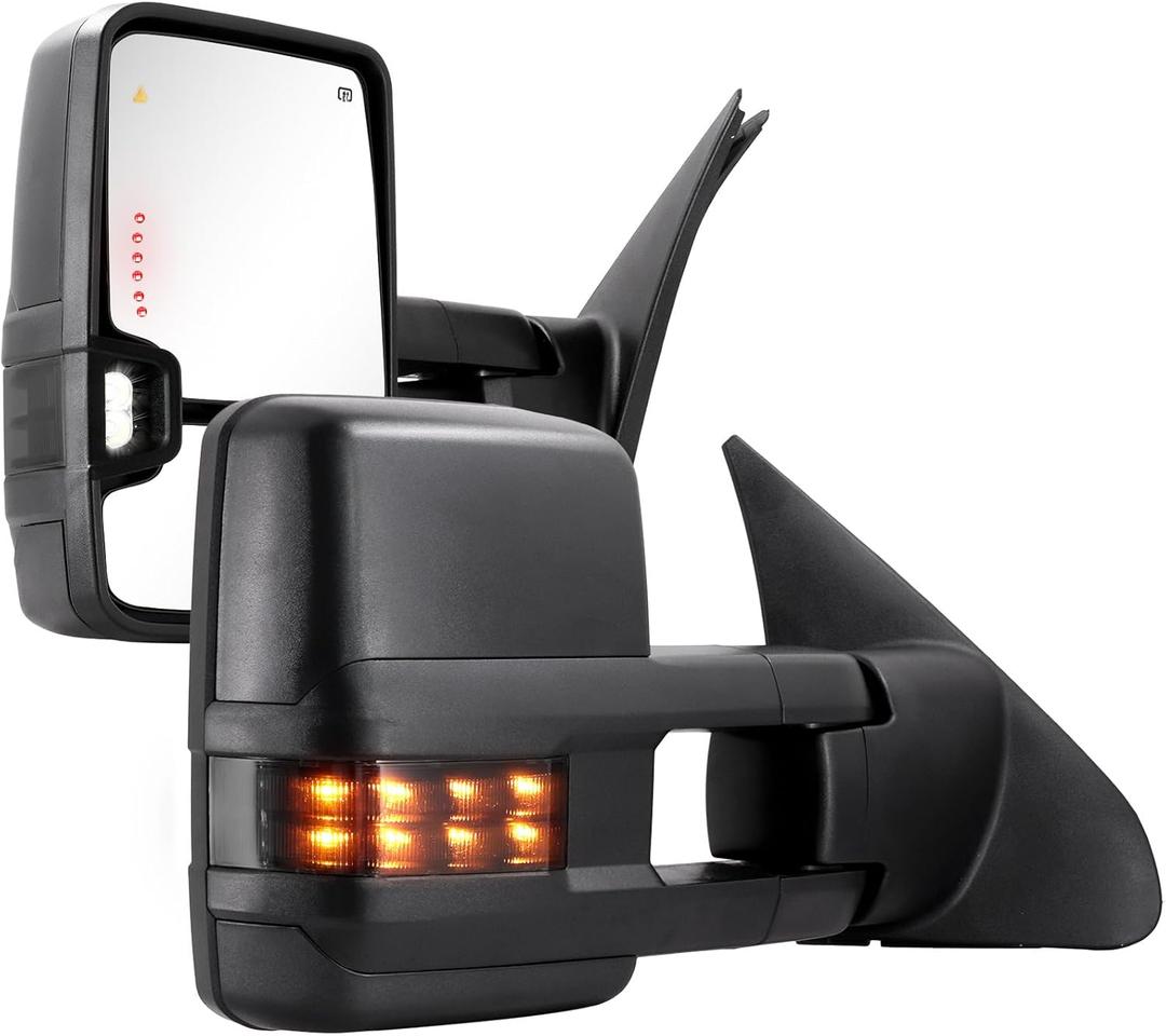 Towing Mirrors for Toyota Tundra 2007-2021, Tow Mirror for Toyota Sequoia 2008-2017 with Power Glass Heated Arrow Turn Signal Light Running Light Blind Spot Monitoring Extendable Fold Pair Set (Smoke) (Black)