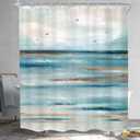 KOMLLEX Abstract Teal Beach Shower Curtain for Bathroom Decor 60Wx72H Ocean Oil Painting Sea Wave Seagull Mountain Nature Landscape Summer Hawaii Scenery Fabric Waterproof Polyester 12 Pack Hooks