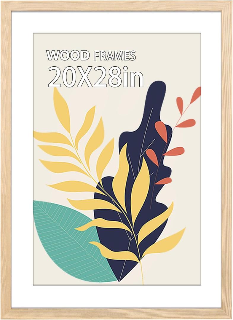 20x28 Poster Frame,Natural Soild Wood Picture Frames with Polished Plexiglass,Easy to Hang,Display Picture 20x28 without Mat or 16x24 with Mat for Wall Mounting Horizontally and Vertically (Natural
