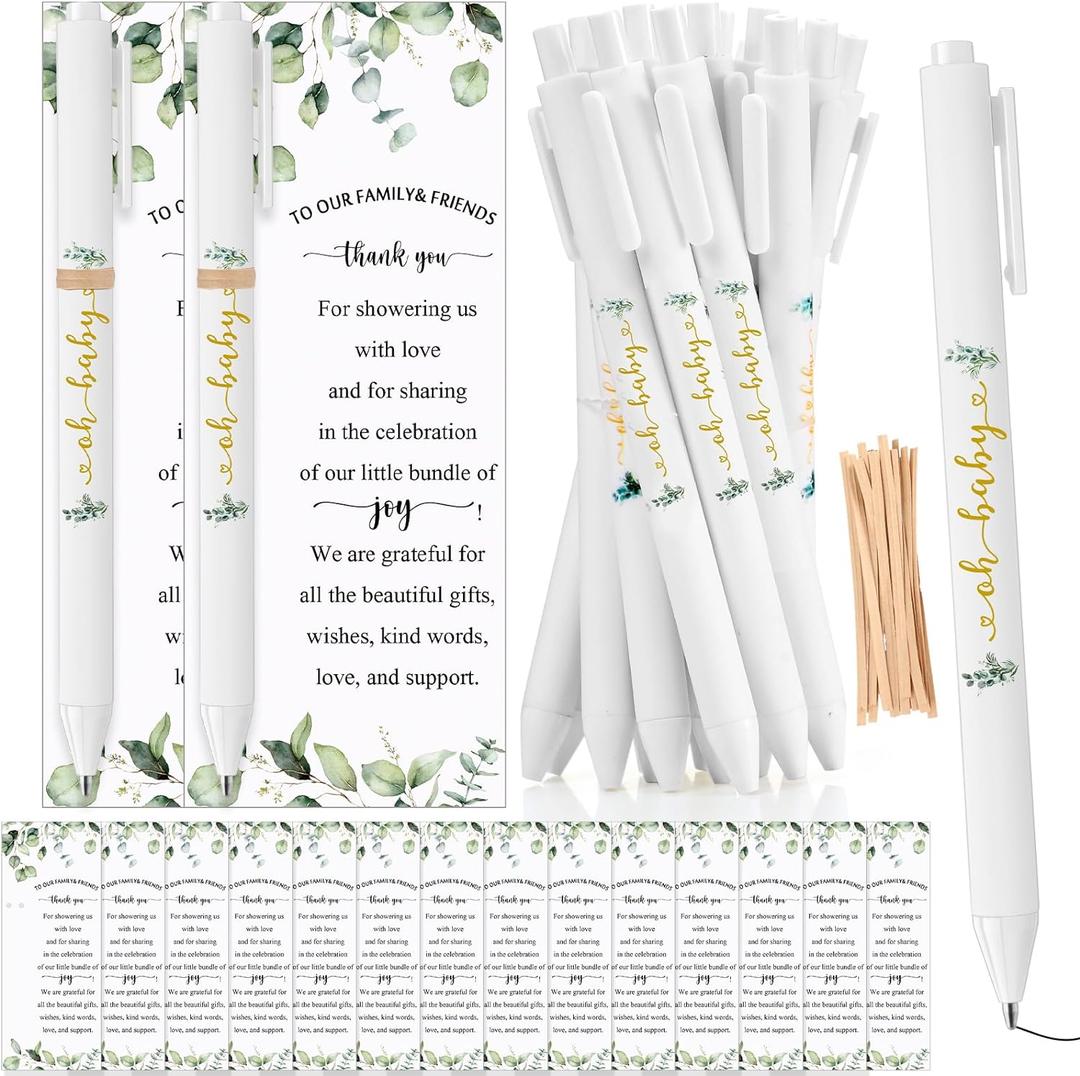 Tenceur 30 Set Baby Shower Pens Greenery Baby Shower Favor for Guest Sage Ballpoint Pens with Woodland Thank You Cards Gender Reveal Party Favor for Girl Boy Party Souvenirs Prizes