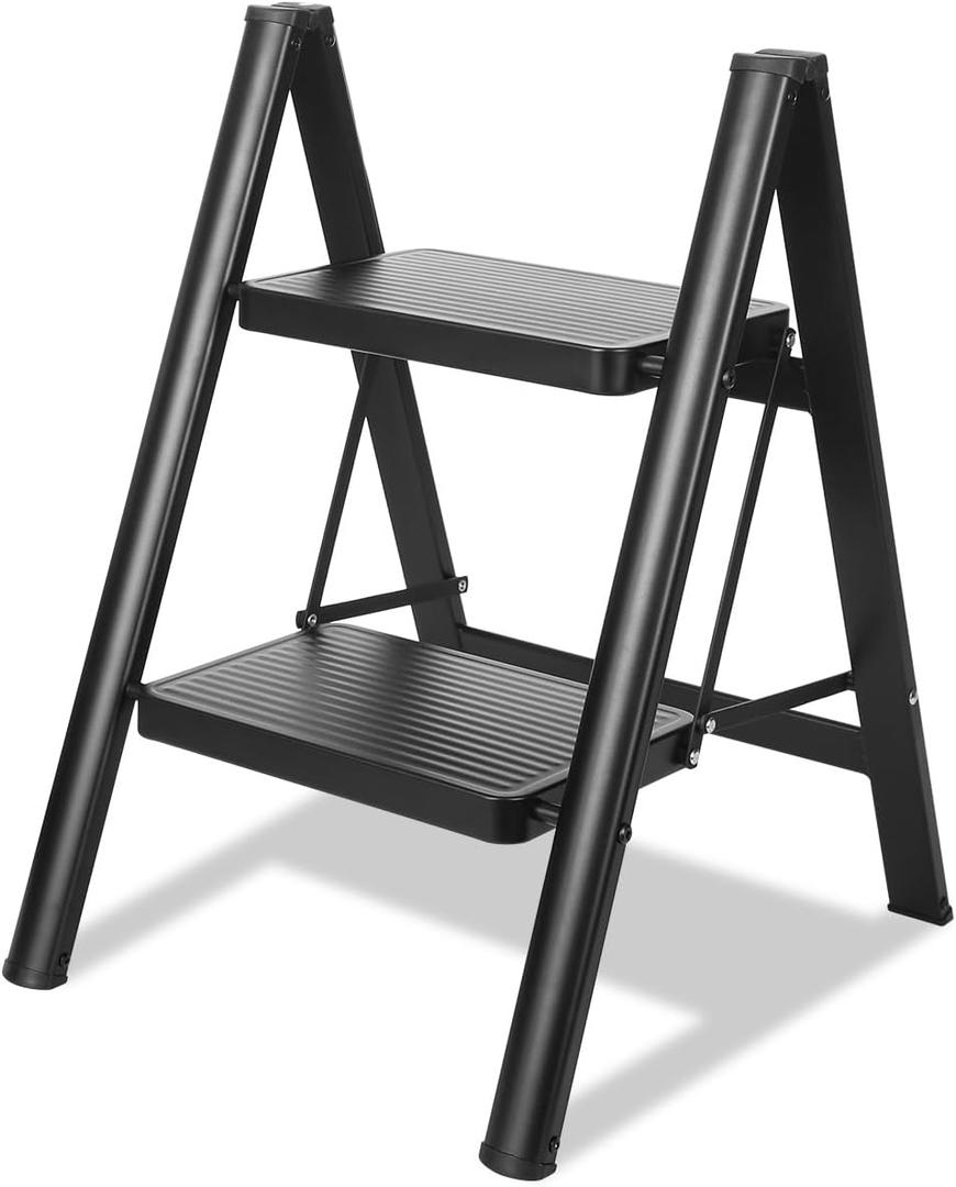 2 Step Ladder, Folding Step Stool for Adults with Wide Anti-Slip Pedal, Lightweight, Perfect for Kitchen& Household, Library Office,330lbs Capacity Sturdy Steel Ladder,Black
