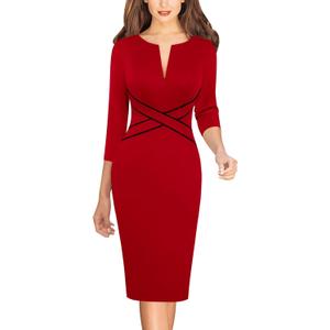 VFSHOW Womens Wear to Work Slim Colorblock Crisscross Waist Front Zipper Business Party Office Bodycon Pencil Sheath Dress (Small, Red)