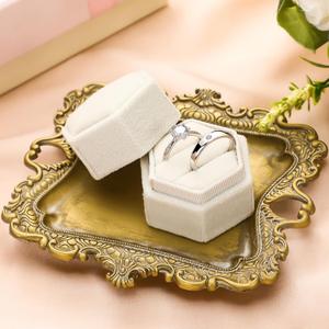 FoldTier 2 Pcs Wedding Vintage Trinket Tray with Velvet Jewelry Ring Box Gold Flat Lay Tray for Wedding Photographer Detail Props Ceremony Antique Decor