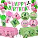 Pink and Green Birthday Party Decorations 207pcs Disposable Paper Plates & Napkins Set for 24 Guests - Includes Happy Birthday Banner & Cartoon Tablecloth