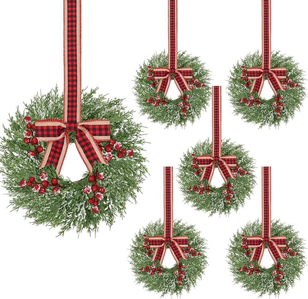 6 Pcs 14 Inch Small Christmas Wreath, Christmas Wreaths for Windows, Winter Mini Wreaths Christmas, Cabinet Wreaths for Kitchen, Window Decorations for Front Door Candle Rings Outdoor Indoor