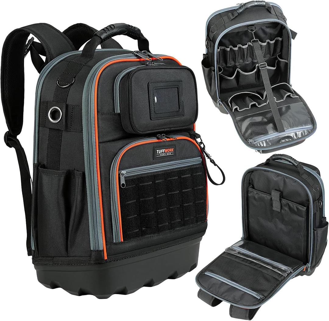 Tool Backpack, 35 Pockets, 18.5 x 13.7 x 7.8 Inches, Black and Orange, Water-Repellent