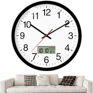 12" Digital Wall Clock with Temp Week Switchable Time and Perprtual Calendar on LCD Display, Silent Battery Operated Analog Clock for Bedroom Classroom Office Garage (Black)