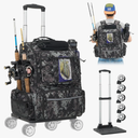 2-in-1 Rolling Fishing Backpack with 3 Rod Holders,Detachable Wheels &Trolley|48L Large Water Resistant Tackle Bag Store Fishing Gear,Safety Reflective Straps,Ideal Fishing Bag for Men