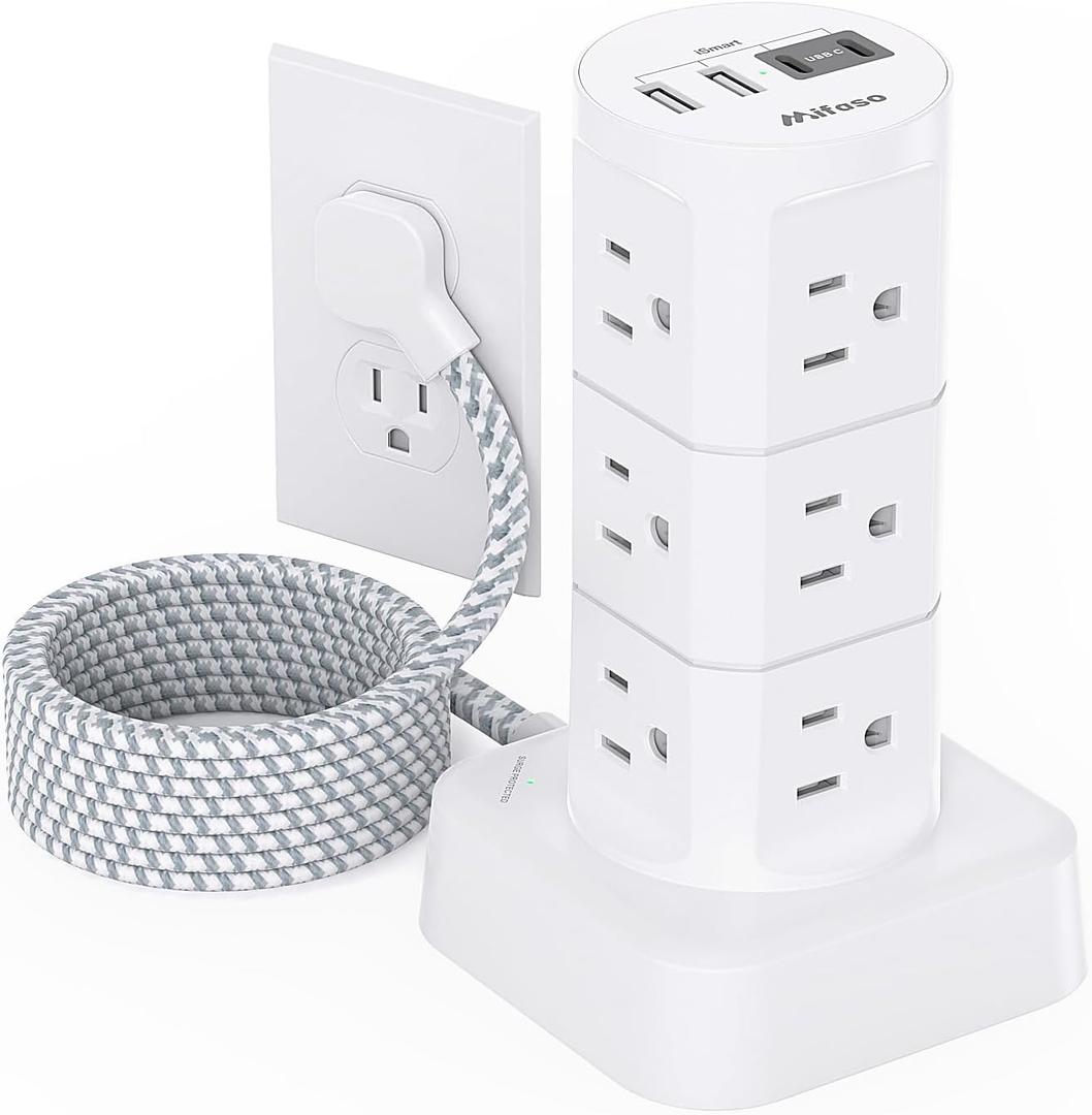 Power Strips with Surge Protection, Flat Plug Power Strip with 12 Outlets 4 USB Ports, Charging Station Tower 1875W/15A 1080J 6Ft Extension Cord with Multiple Outlets, Office Supplies, Dorm Essentials (White)