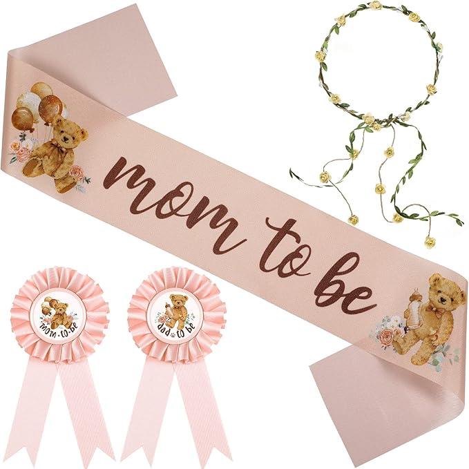 Tiamon Bear Theme Mom to Be Sash Baby Shower Dad to Be Pin and Flower Crown Headband for Gender Reveals Party Baby Shower Party Favors Decorations for Boys and Girls Pregnancy Props Keepsake (Pink)