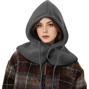 Balaclava Hat for Women, Warm Ear Neck Hooded Scarf Hat with Drawstring, Fashionable Knit Skull Cap Cold Weather (Grey)