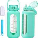 chunmo 64oz Glass Water Bolttles with Straw Half Gallon Large Motivational Water Bottle with Time Marker Sports Water Bottles with Silicone Sleeve and Handle Lid Water Jug for Gym Workout (Green)