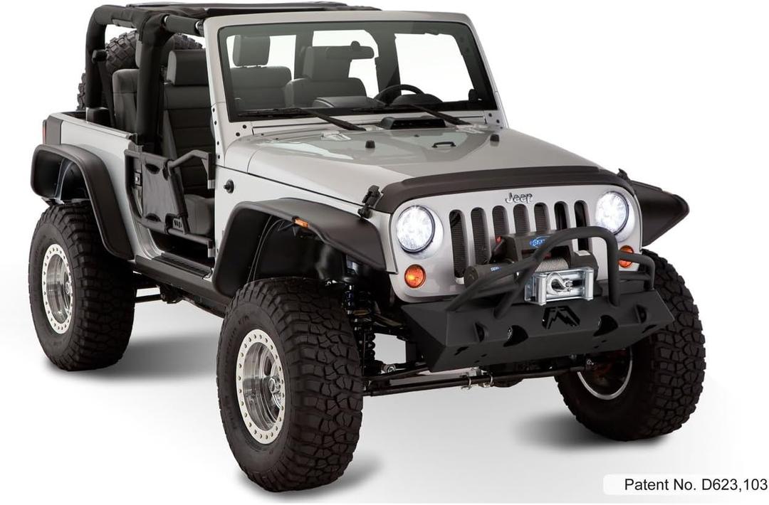 Bushwacker Jeep Flat Style Front & Rear Fender Flares | 4-Piece Set, Black, Textured Finish | 10919-07 | Fits 2007-2018 Jeep Wrangler JK 2-Door