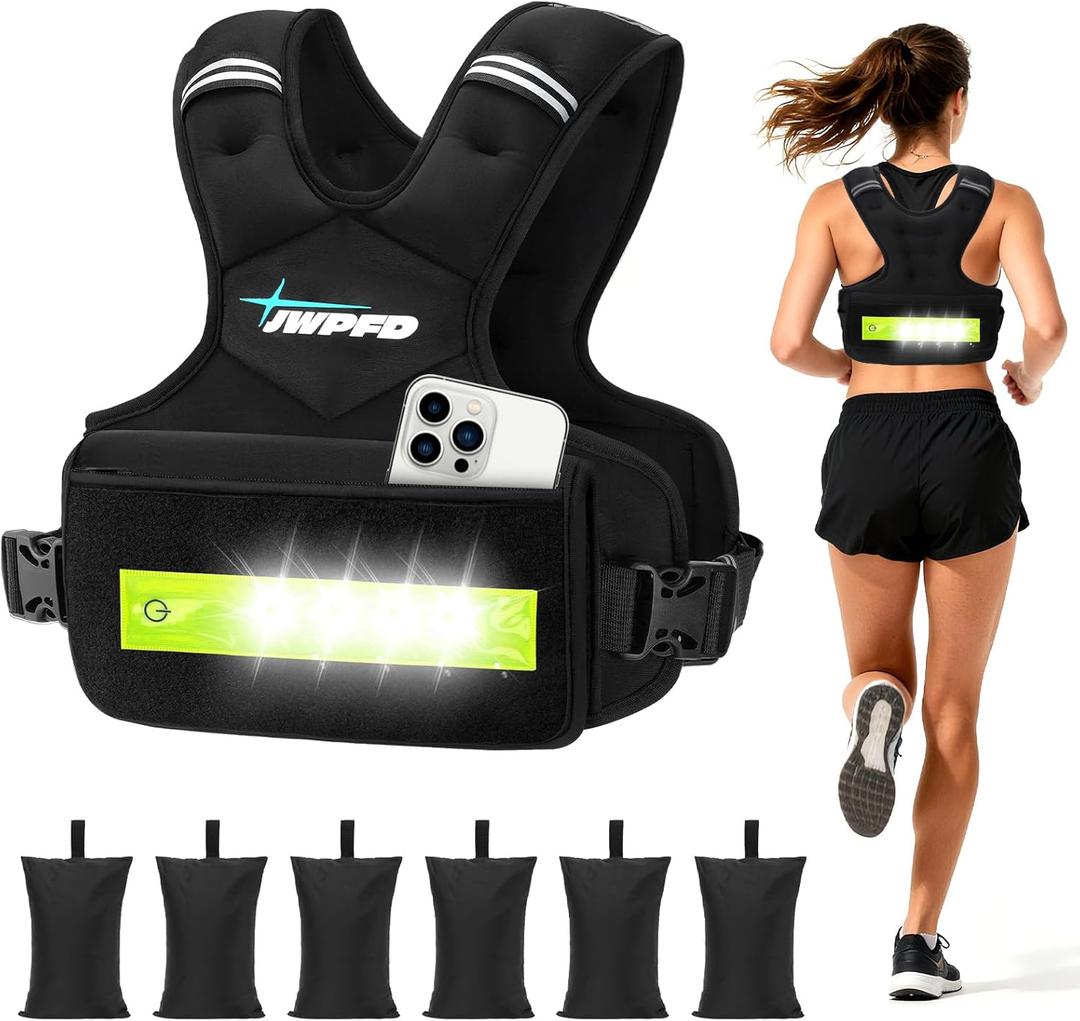 Adjustable Weighted Vest for Women Men, 6-15 Lbs/12-18 Lbs Rucking Vest with LED Light Strips, Weight Vest with 6 Ironsand Weights, and Zipper Pocket for Strength Training, Walking, Running (Black)