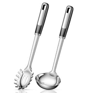 Stainless Steel Ladle and Pasta Server Set, Food-Grade Thickened Metal Soup Ladle & Spaghetti Spoon with Non-Slip Handles, Durable Cooking Utensils for Pasta, Soup & Everyday Kitchen Use