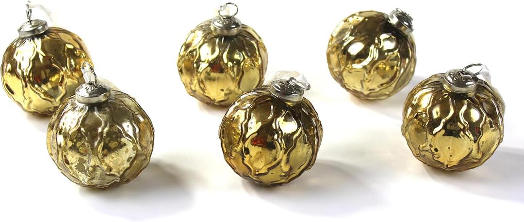 Mercury Glass Ornaments - Size 3 inches - in a Set of 6 Ornaments. Handcrafted (Embosed Gold)