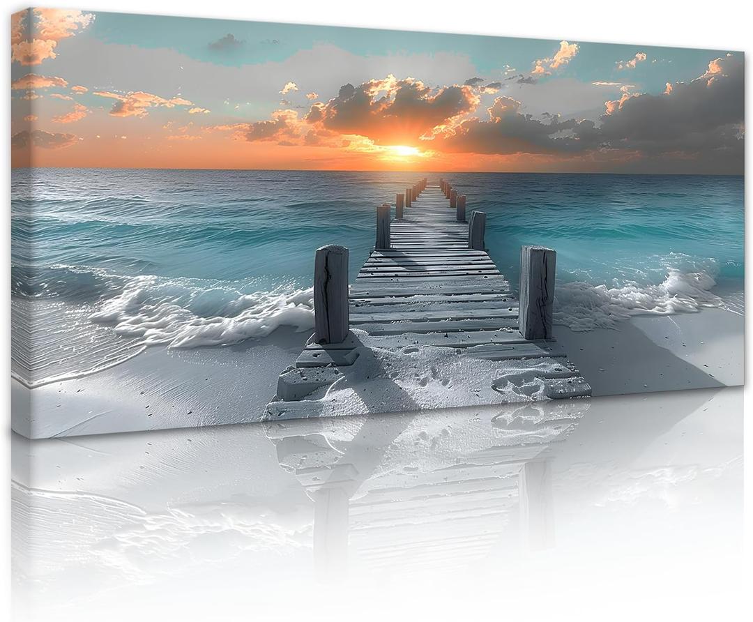 Large Beach Sunset Wall Art - Ocean Landscape Picture Seaside Pier Scenery Painting Artwork Seascape Canvas Print Poster Modern Wall Decor for Home Living Room Office, Ready to Hang Framed 48" x 24"