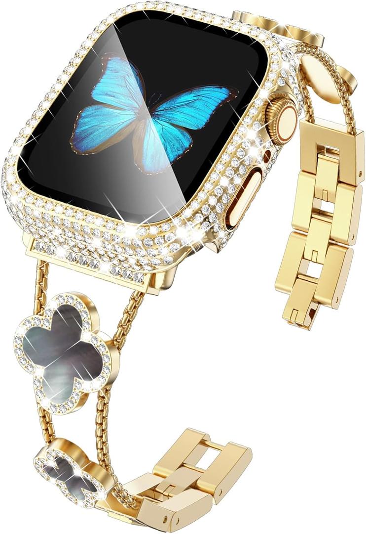 KADES Compatible for Apple Watch Series 10 46mm/42mm Series 9 8 7 45mm/41mm Series 6 5 4 SE 44mm/40mm Series 3 2 1 42mm/38mm, Sparkling Bling Diamond Band with Full Diamonds Case (Gold with Black Pearl Shell)