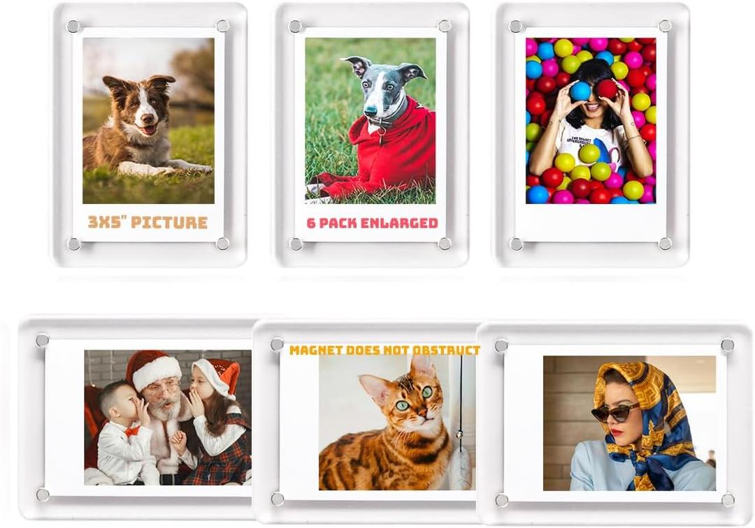 Acrylic Fridge Magnetic Picture Frames, 3x5 Inch Magnetic Clear Photo Frames Fit 3x5 and 4x6 Picture for Refrigerator/Locker/Wall, Compatible with Polaroid Camera Photos, 6 Pack