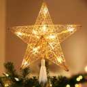 Brizled Gold Christmas Tree Topper, 9 Hollow-Out Star Tree Topper with 10 Warm White Lights, Pre-lit 5 Point Star Treetop, 120V UL Listed Lighted Treetop for Christmas Tree Home Decoration