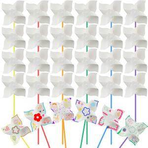 Poen 100 Pcs DIY Pinwheels Paper Craft Bulk Color Your Own White Pinwheels Summer Activity Arts End of Year Craft Mothers Day Blank Windmills Party Favor Supplies, 5 Inches