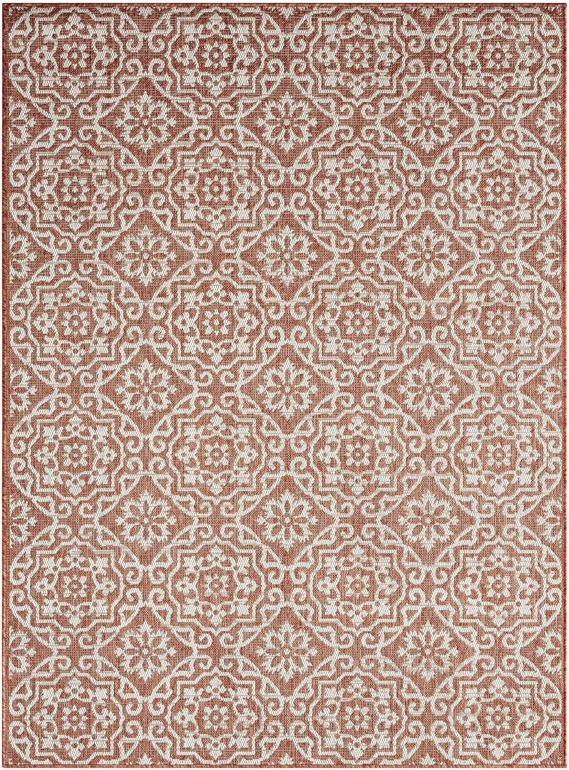 Nicole Miller New York Patio Country Julia Transitional Geometric Indoor/Outdoor Area Rug, Terracotta/Ivory, 5'2"x7'2"