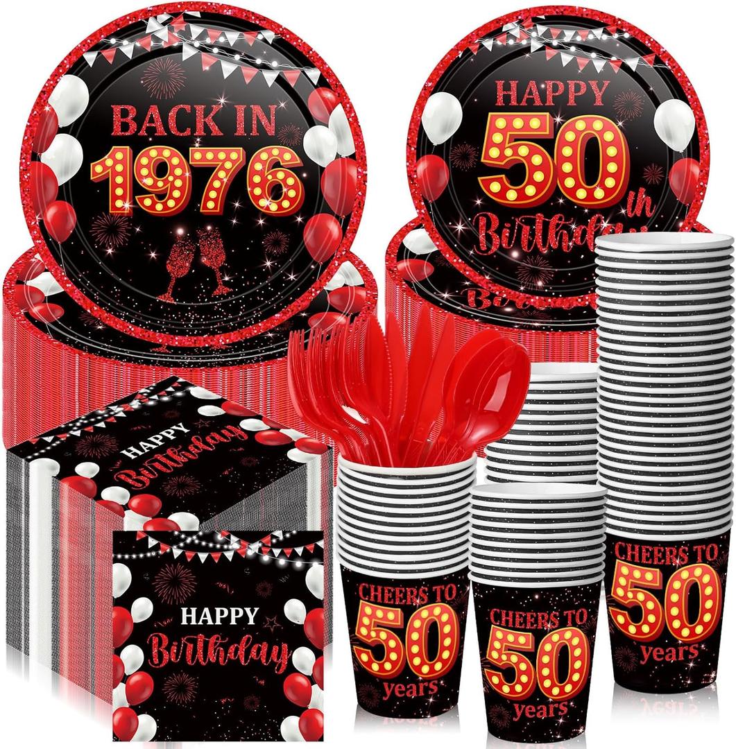 240 Pcs 50th Birthday Decorations 1976 Birthday Party Tableware Include Plates Napkins 9oz Cups Cutlery 50th Anniversary Party Supplies for Men Women Him Her, Serve 30 Guests (Black Red)