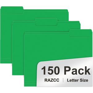 File Folder, RAZCC 150 Pack 1/3 Cut Tab File Folders Letter Size, Creen, Colored Folders with Tab Great for Organizing and Easy File Storage