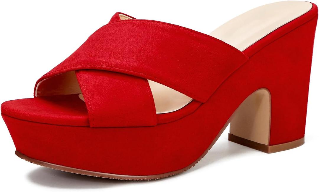 Women's Platform Sandals Wedges Heels Sandals Open Toe Slip On Platform Heels Mules Dressy Pumps (9, Red)