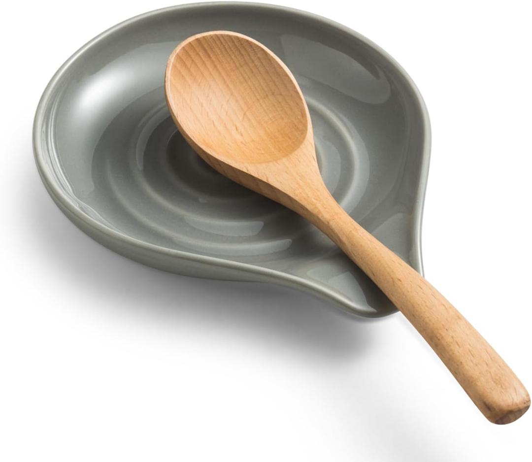 LAUCHUH Spoon Rest for Kitchen Countertop, 5 inch Ceramic Spoon Holder for Stove Top Large Cooking Spoon Holder for Spatula, Ladle or Tongs, Framhouse Decor, Gray