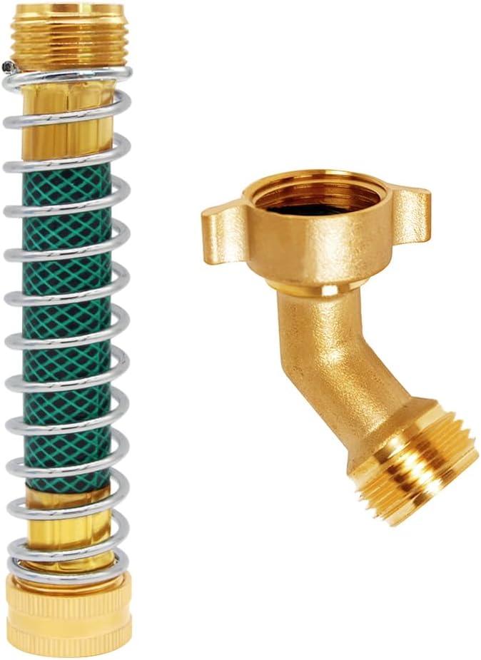 Brass 3/4" GHT Thread 5.5 Inches Length Garden Hose Extension Protector and 45 Elbow Swivel Garden Hose Connector Adapter Kit